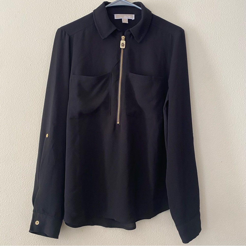 Michael Kors Gold Metal Zip V-Neck Chest Pocket Long Slv Blouse